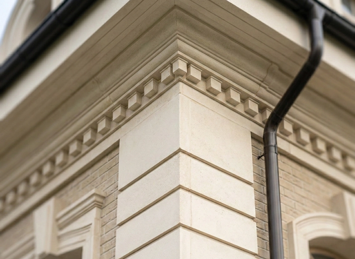 Угловой узел карниза с дентикулами и водостоком